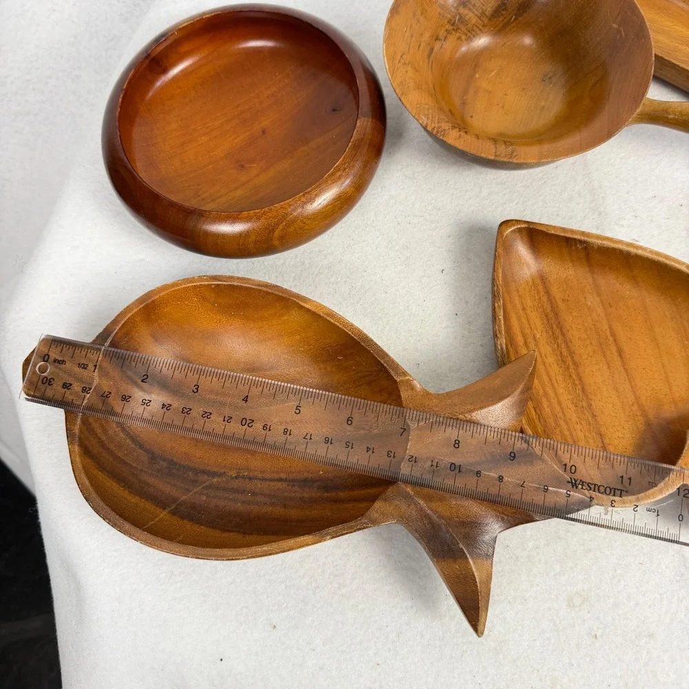 Lot of 6 Vintage Monkey Pod Wood Serving Set Mid-Century Snack Bowl Decorative